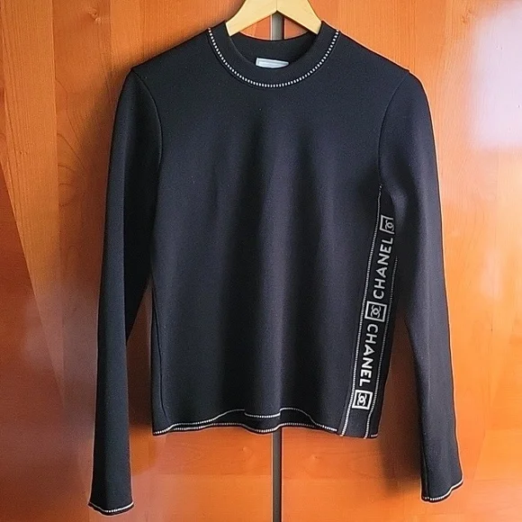 Chanel CC Logo Black Long Sleeve Top with White Decorative Stitching - Picture 1 of 15